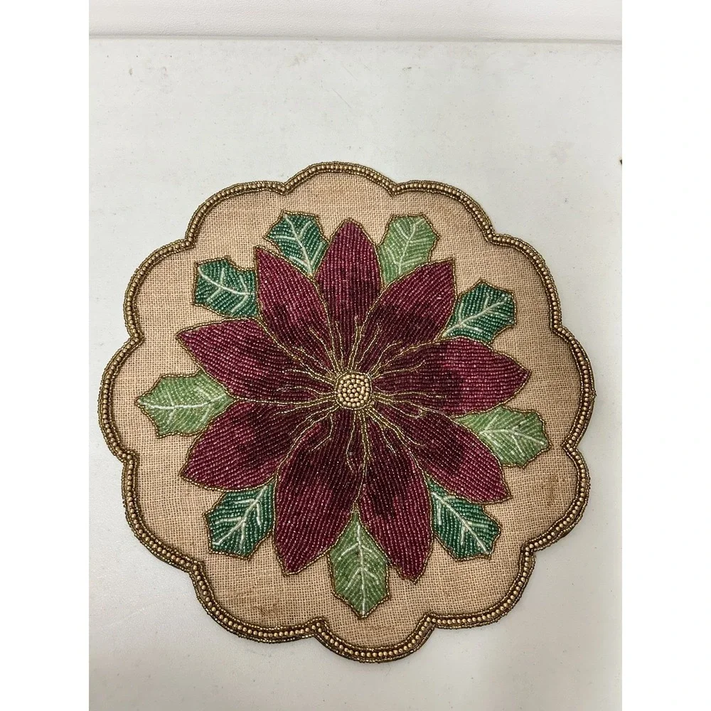 2 Beaded Red Poinsettia Centerpiece Charger Placemat 15